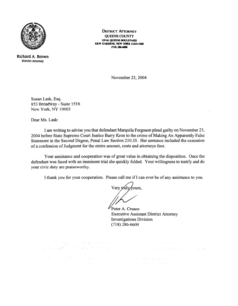 New York District Attorney Commends Susan Chana Lask