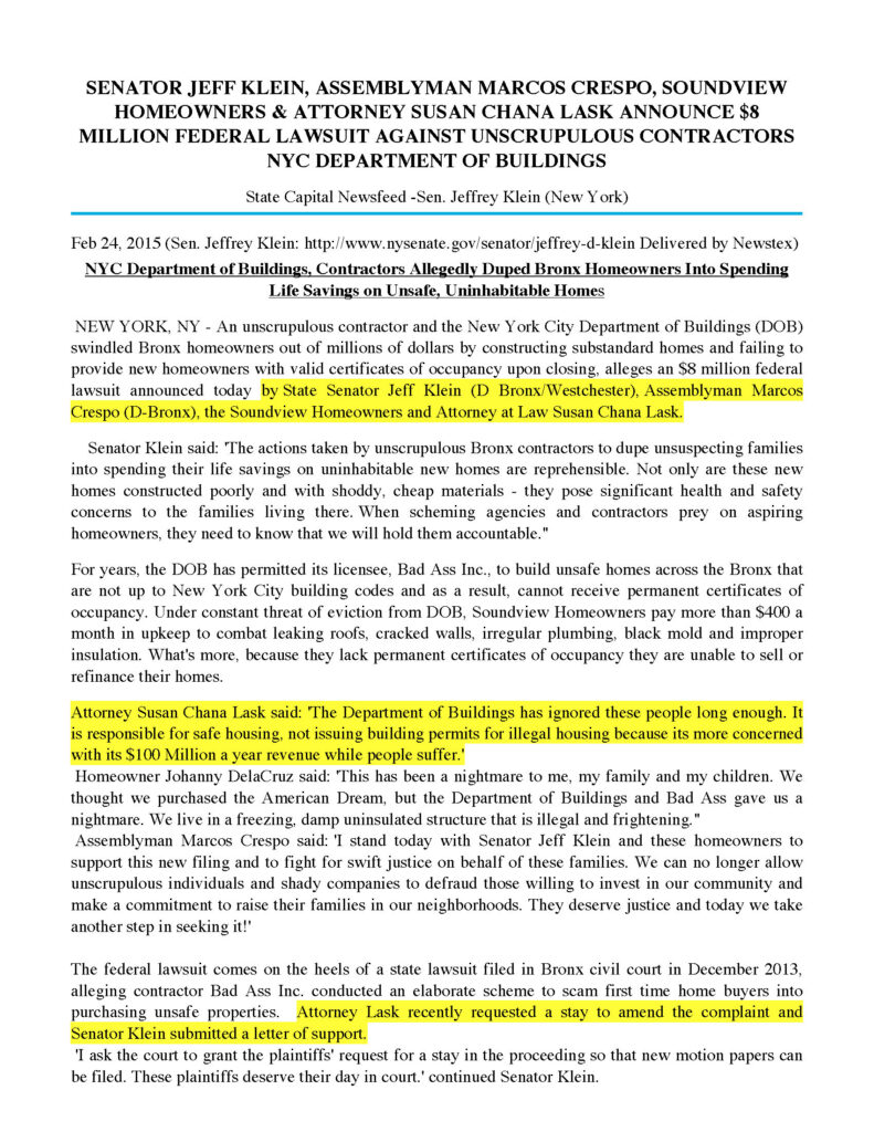 New York Senator Jeff Klein supports Susan Chana Lask